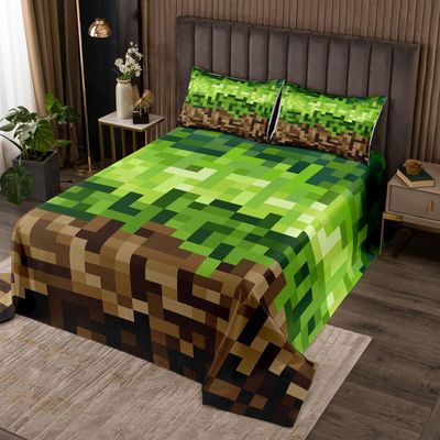 Manfei Pixel Miners Kids Bedspread Twin Size,Geometric Gird Patchwork Games Coverlet Set,Girls Boys Room Decor,Pixelated Blocks Gamepad Quilted Coverlet,Green Brown Bedding Quilt,1 Pillowcase