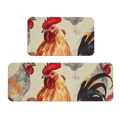 Animal Art Chicken Painting Kitchen Mat Set of 2, Cushioned Anti Fatigue Kitchen Rugs Non Slip Crystal Velvet Kitchen Floor Mat Comfort Standing Mats for Laundry, Sink, 17 x 29.5+17 x 47.2 Inch