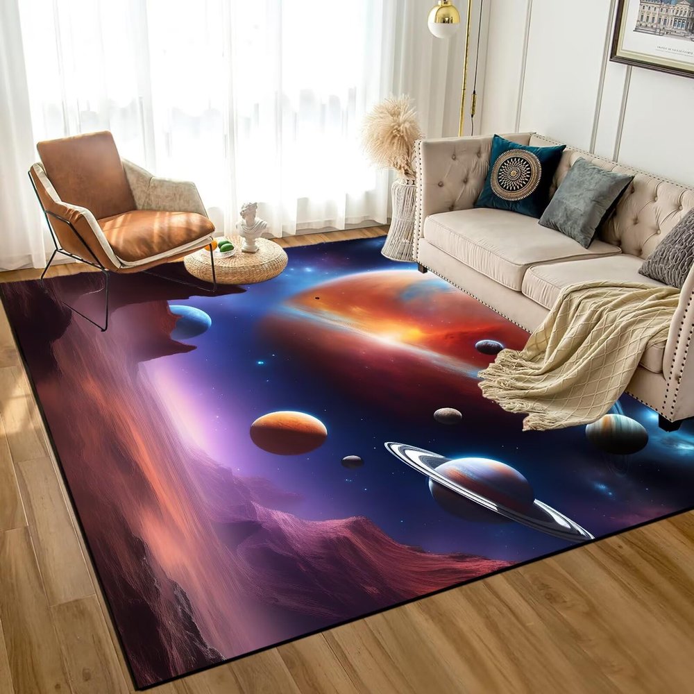 DJNEAR 4' x 6' Space Themed Rug for Kids Boys Girls Blue and Purple Galaxy Area Rug Cartoon Stars Planet Carpet Floor Mat Pad for Living Room Bedroom Dorms Nursery