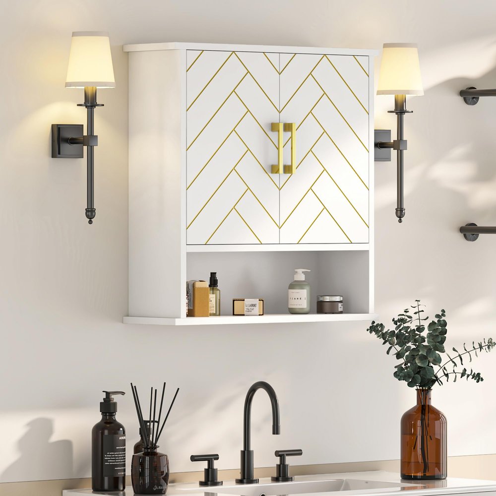 Mepplzian White Chevron Pattern Bathroom Wall Mount Cabinet