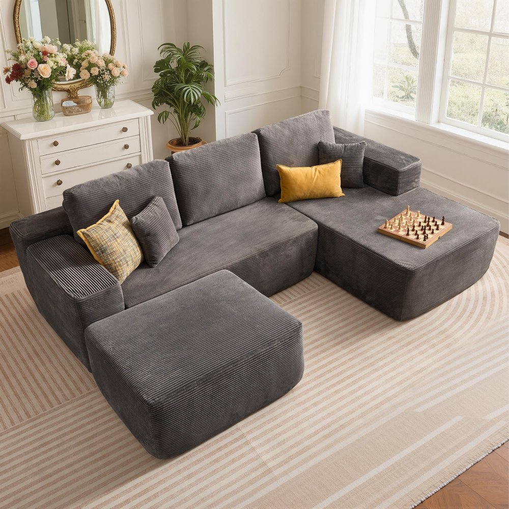 104" U-Shape Modular Sectional Sofa Couch,Comfy Upholstered Cloud Couch for Living Room,Modern Minimalist Couches,Deep Seat,No Assembly Required (Gray,Corduroy, Right Facing Chaise w/Ottoman)