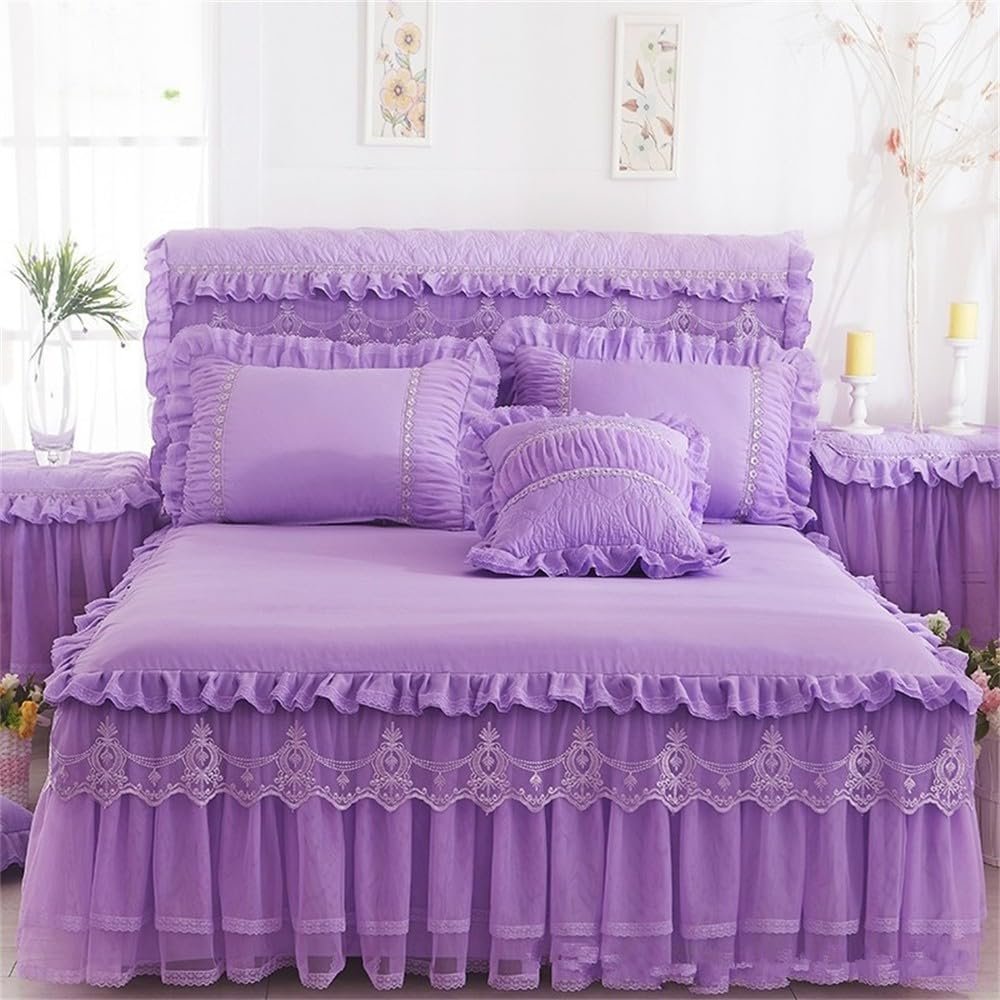 Princess Bed Skirt Set Bed Skirt Pillowcases Bedding Bedspreads Sheet Pink Bedding for Girl Bed Cover,Purple,180x200cm