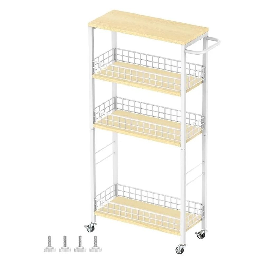 HSIJYGX Slim Storage Cart 4 Tier Kitchen Rolling on Wheels Mobile Narrow with Wooden Tabletop Slide Out Utility