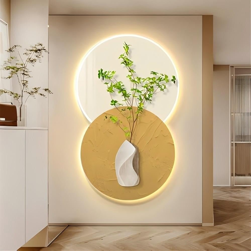 3D Wall Sculpture Art for Home, Decorative Wall Mural with LED Light, Green Planter Design for Living Room and Bedroom
