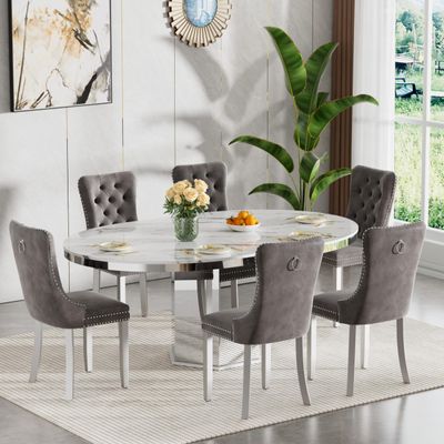 47"-63" Round Marble Extendable Dining Table Set for 6, 7 Piece Expandable Kitchen Dining Room Table and 6 Grey Tufted Chairs, Modern Oval White Dinner Tables Set for 6 with Mirrored Pedestal Base