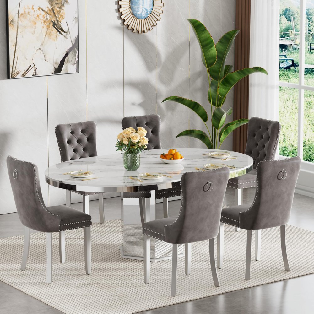 47"-63" Round Marble Extendable Dining Table Set for 6, 7 Piece Expandable Kitchen Dining Room Table and 6 Grey Tufted Chairs, Modern Oval White Dinner Tables Set for 6 with Mirrored Pedestal Base