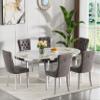 47"-63" Round Marble Extendable Dining Table Set for 6, 7 Piece Expandable Kitchen Dining Room Table and 6 Grey Tufted Chairs, Modern Oval White Dinner Tables Set for 6 with Mirrored Pedestal Base view 1