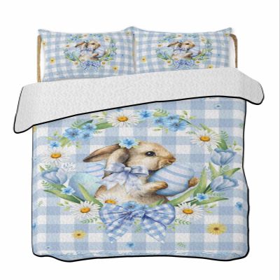BketraquerC Twin XL Quilt Set, Spring Easter Bunny Eggs Lightweight Soft Microfiber Summer Bedspread Coverlet with 2 Pillow Shams, Blue Bow Plaid Tulips 3 Piece Bedding Set for All Seasons