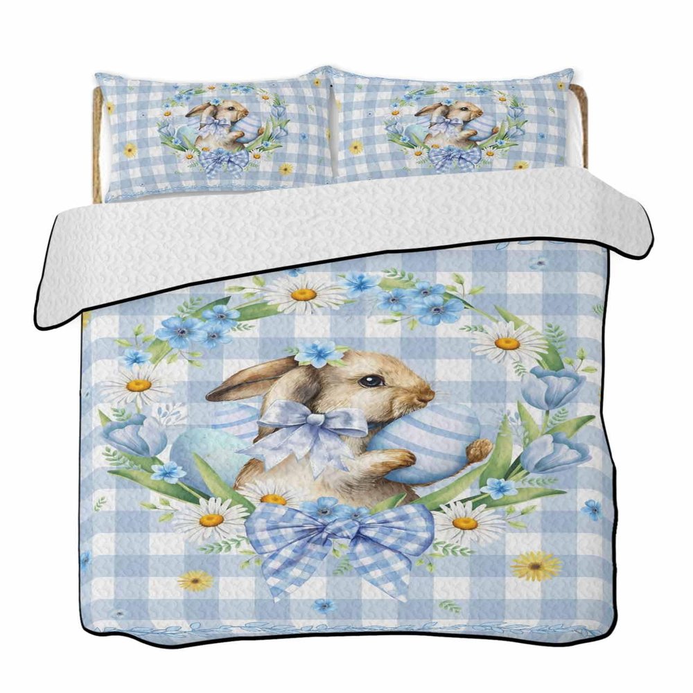 BketraquerC Twin XL Quilt Set, Spring Easter Bunny Eggs Lightweight Soft Microfiber Summer Bedspread Coverlet with 2 Pillow Shams, Blue Bow Plaid Tulips 3 Piece Bedding Set for All Seasons