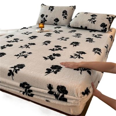 Fleece Fitted Sheet Artificial Rabbit Fur Fitted Sheet Elastic Mattress Protector Cover Leopard Print Winter Warm Coral Fleece Bedsheet(Color-5,Pillowcase No Sheet)