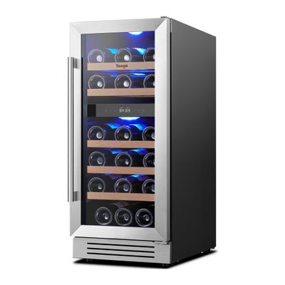 Yeego Wine Fridge Cooler - 15 Inch Dual Zone Wine Fridge Hold 28 Bottles, 40-65F Wine Refrigerator Glass Door, Built in Fridge, Freestanding Adjustable Shelves Fridge for Beer Soda Drink Home Bar