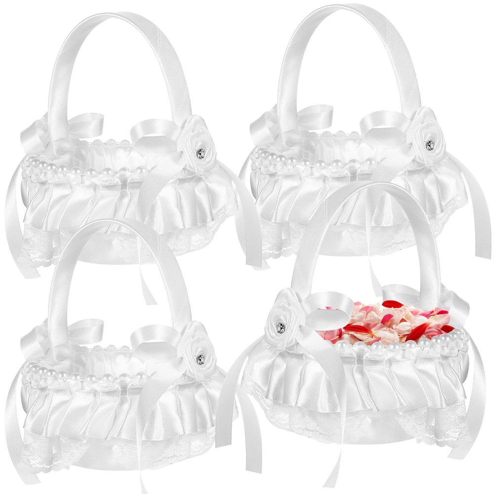 HOODANCOS Flower Girl Basket Set 4pcs Satin Wedding Baskets with Handle and Flower Bowknot Decorative Party Ceremony Supplies