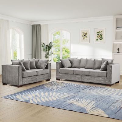 2 Pieces Velvet Couch and Loveseat Sets, Mid Century Modern Couch with Storage, Upholstered Deep Seat Chesterfield Sofa with Nailhead Trim&Pillows, Comfy Sofa for Living Room, Bedroom, Apartment(Grey)