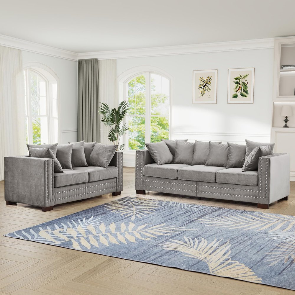 2 Pieces Velvet Couch and Loveseat Sets, Mid Century Modern Couch with Storage, Upholstered Deep Seat Chesterfield Sofa with Nailhead Trim&Pillows, Comfy Sofa for Living Room, Bedroom, Apartment(Grey)