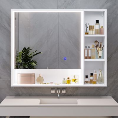 Hasuit Lighted Medicine Cabinet with Mirror and Shelves, Modern Bathroom Medicine Cabinet with Open Storage, Aluminum Channel LED Lights, 35.4'' x 30.7'', White