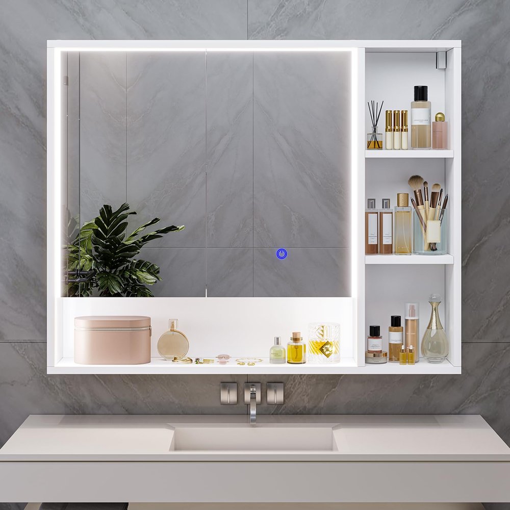 Hasuit Lighted Medicine Cabinet with Mirror and Shelves, Modern Bathroom Medicine Cabinet with Open Storage, Aluminum Channel LED Lights, 35.4'' x 30.7'', White