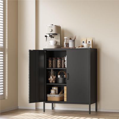 COFaR Black Metal Storage Cabinet, 40 Industrial Kitchen Organizer & Buffet Sideboard, 3-Tier Steel Cabinet with Adjustable Shelves, Magnetic Doors for Coffee Bar, Office, Dining Room