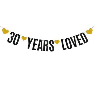 30 YEARS LOVED Banner,Black Glitter Paper Banner for 30th Birthday / Wedding Anniversary Party Decorations Supplies,Pre-Strung, No Assembly Needed,Letters Black,Betteryanzi