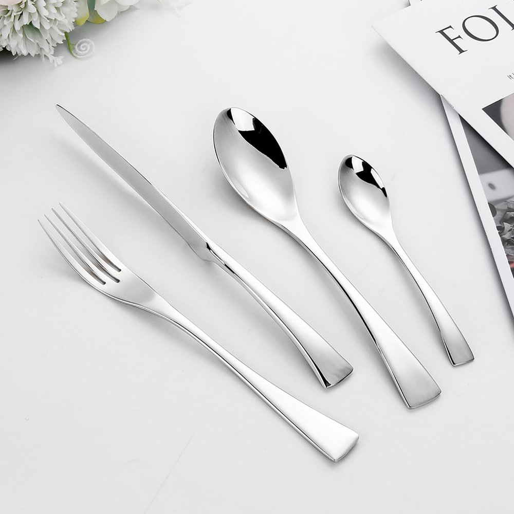 24pcs silverware set for 6, modern stainless steel flatware utensils cutlery set, minimalist fork kinfe spoon sets, mirror polished, gift package for wedding housewarming birthday