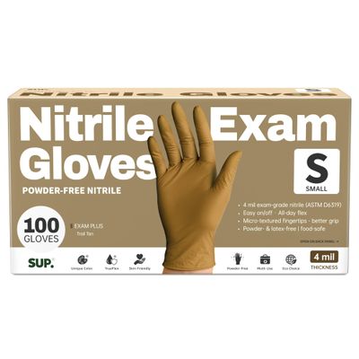 SUP Powder-Free Nitrile Exam Gloves, 100 Count Food Safe Latex-Free Disposable Gloves for Medical Cooking Cleaning Food Prep, Tan (Small)
