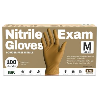 SUP Powder-Free Nitrile Exam Gloves, 100 Count Food Safe Latex-Free Disposable Gloves for Medical Cooking Cleaning Food Prep, Tan (Medium)
