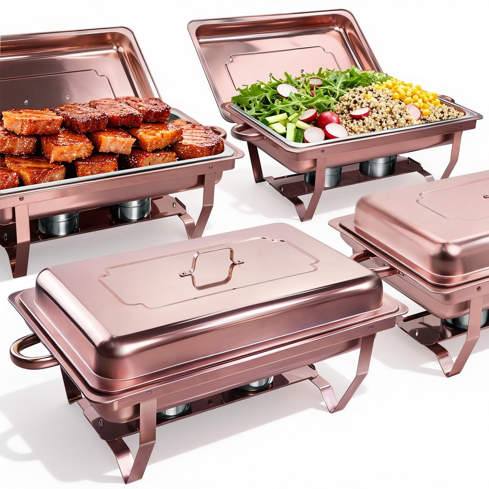 Chafing Dishes for Buffet 4 Pack, Rose Gold Chafing Dish Buffet Set, 8QT Food Warmers for Parties, Elegant Gold Catering Supplies for Events, Weddings, Dinners and Banquets