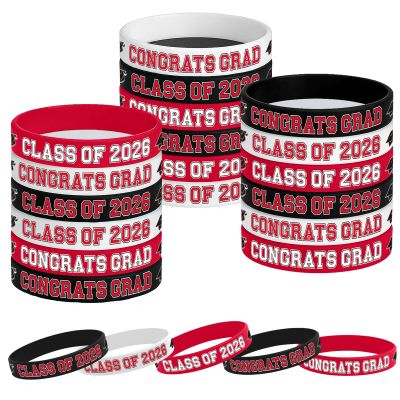 Gatherfun Graduation Decorations : Congrats Grad Wristband Silicone Bracelets - Graduation Party Favors & Class of 2026 Decorations, Gifts for Grads!,30Pack, 3 Designs (Red Black)
