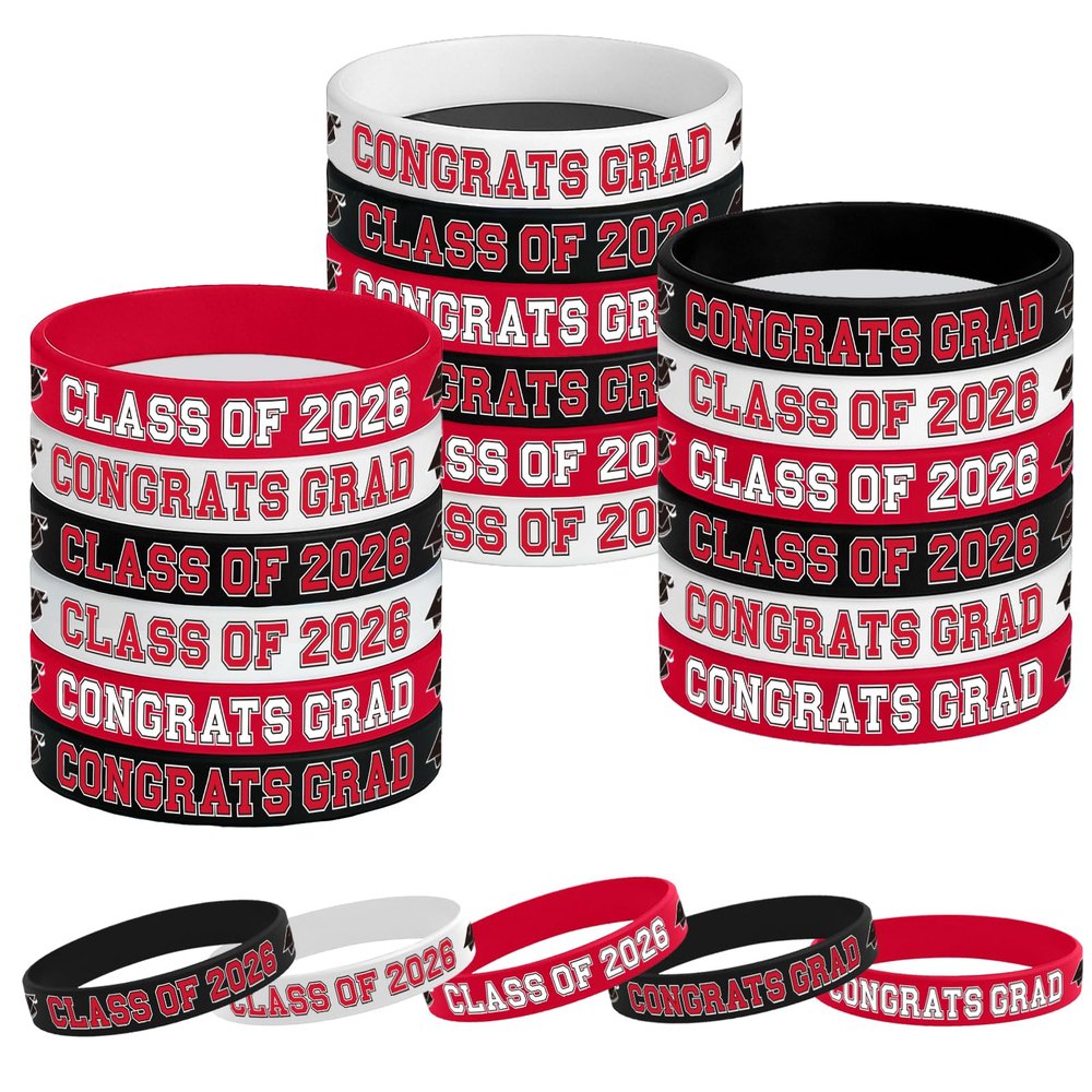 Gatherfun Graduation Decorations : Congrats Grad Wristband Silicone Bracelets - Graduation Party Favors & Class of 2026 Decorations, Gifts for Grads!,30Pack, 3 Designs (Red Black)