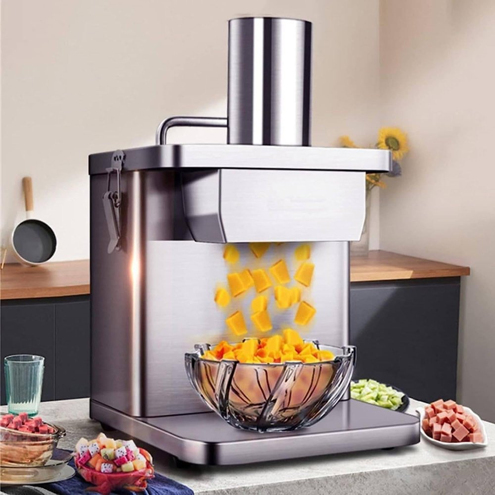 250W Electric Vegetable Dicer Commercial Slicer Machine with 6/8/10/12/15mm Dicing Molds Blades Stainless Steel Automatic Fruit and Vegetable Chopper for Home/Commercial