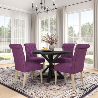5-Piece Dining Set, Cross-Buck Round Table with 4 Tufted Chairs
