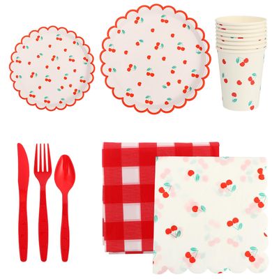 Cabilock Cherry Pattern Disposable Paper Tableware Set, Colored Paper Cups and Plates Napkins, Fruit Design Party Dinnerware for Picnic and Birthday Supplies, 500 Pieces