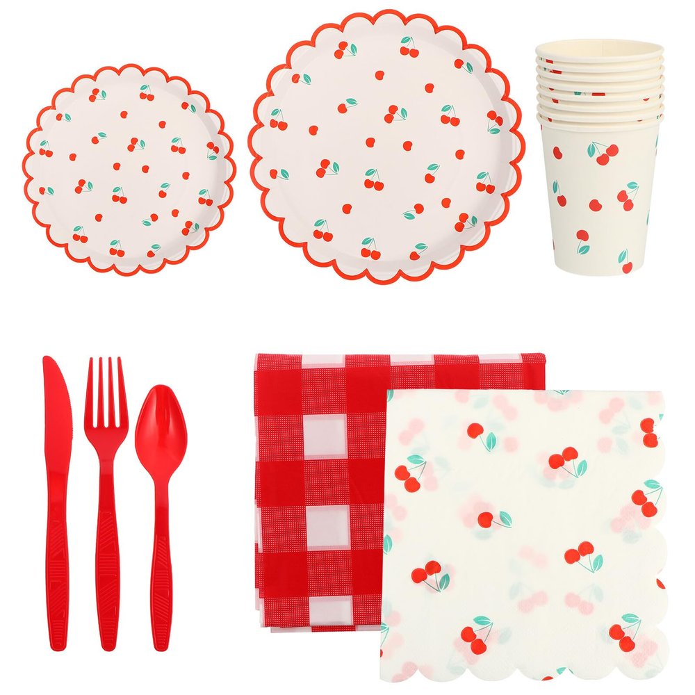 Cabilock Cherry Pattern Disposable Paper Tableware Set, Colored Paper Cups and Plates Napkins, Fruit Design Party Dinnerware for Picnic and Birthday Supplies, 500 Pieces