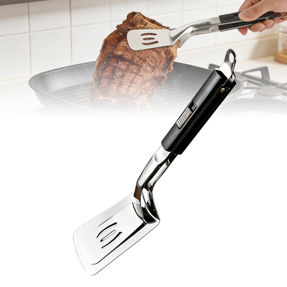 2026 New Stainless Steel Tongs for Cooking, Anti-Scald Extended Handle Spatula Tongs, Versatile Metal Spatula Tongs for Flipping, Picking Up Steak Fish Bread Hamburger BBQ Frying Pancake Pies Pizza