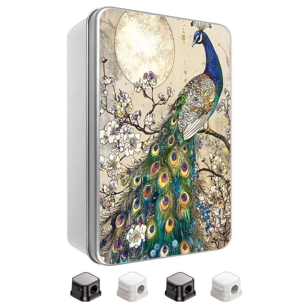 VACGBJPG Metal Tin Box with Lid,Multifunctional Storage Box 4.92x3.54x1.57 Store Tea Biscuits Game Cards and Handcraft Parts,Tarot Cards-with 4 Cable Clips,Peacock Moon Blossom