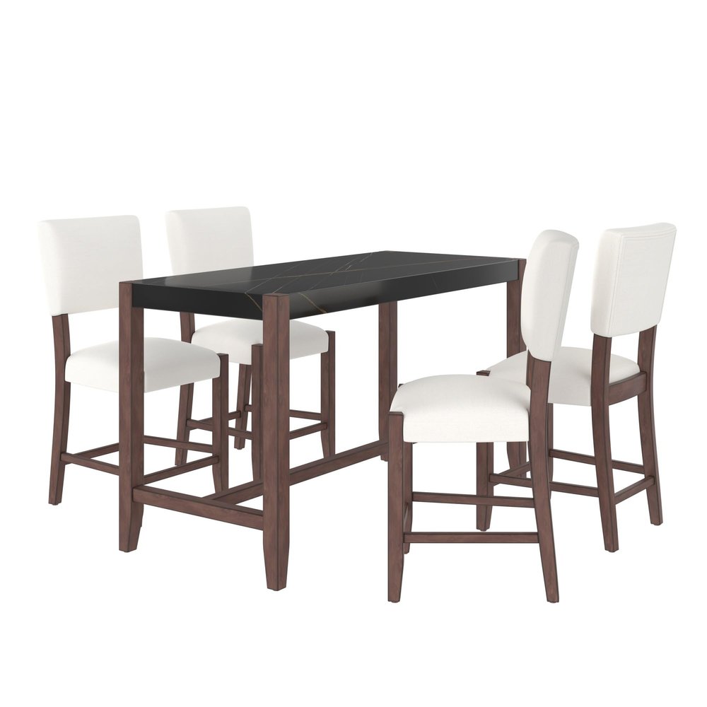 5-Piece Counter Height Dining Table Set, Faux Marble Bar Table and 4 Upholstered-Seat Chairs, Mid-Century Modern Dining Set for Pub Kitchen, Small Place