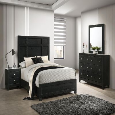 5Pc Modern Black Finish Queen Size Panel Bed Set Tall Headboard Solid Wood Wooden Bedroom Furniture