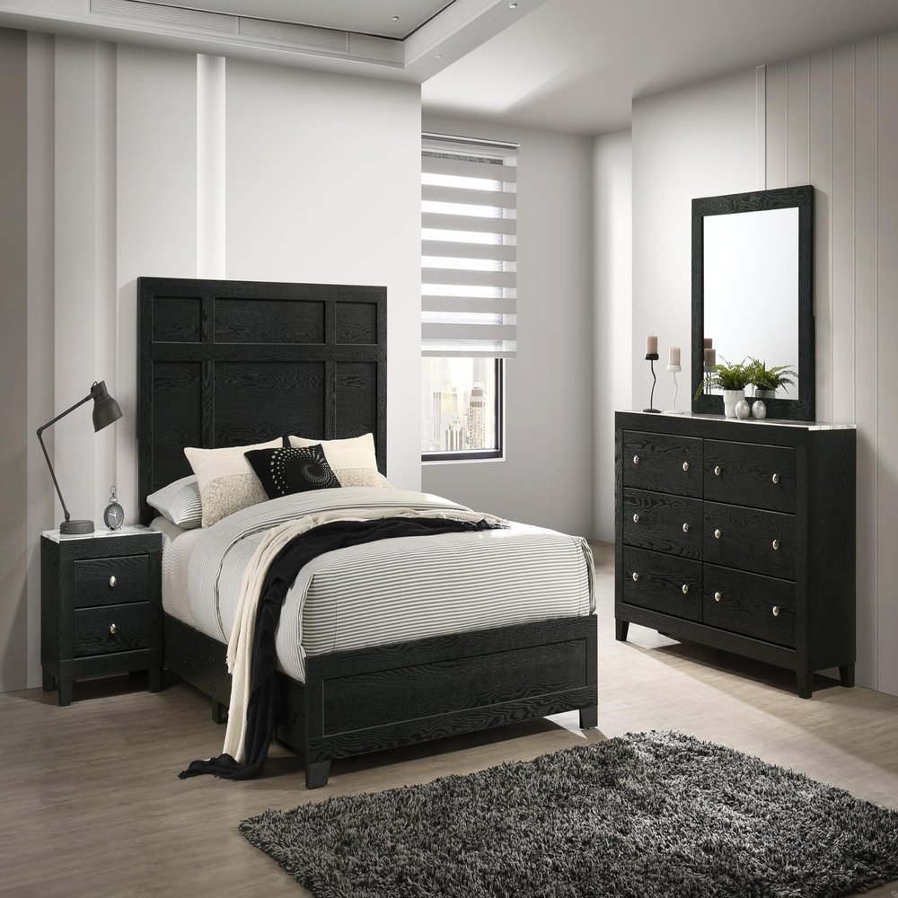 5Pc Modern Black Finish Queen Size Panel Bed Set Tall Headboard Solid Wood Wooden Bedroom Furniture