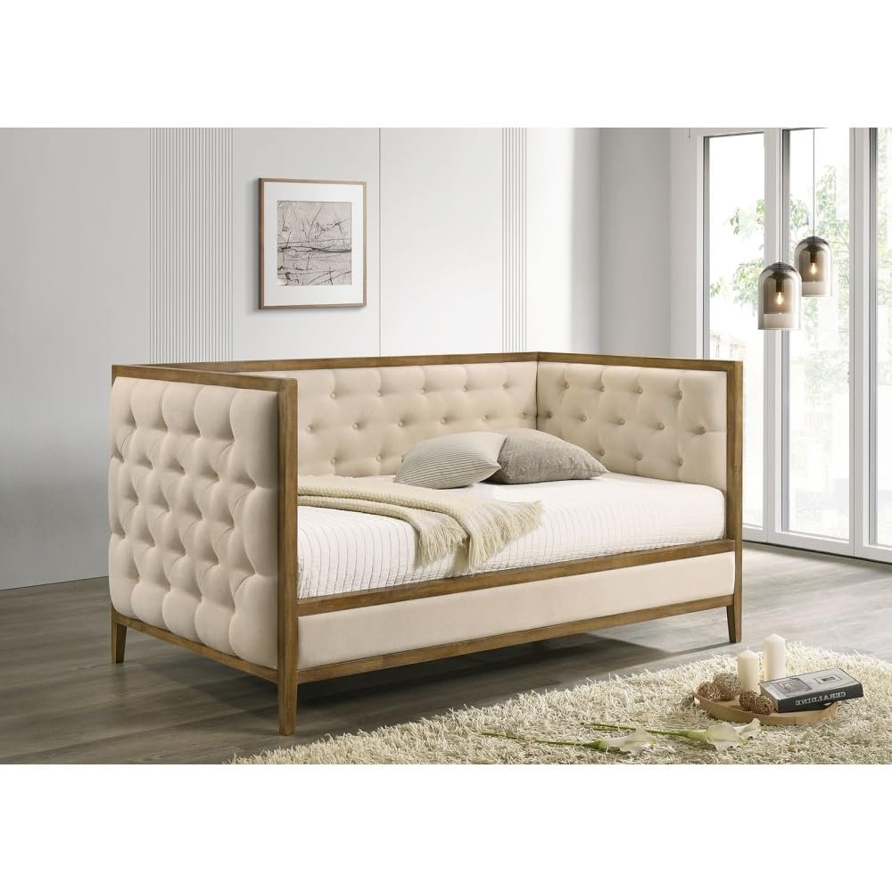 Kiwaou Twin Size Daybed in Natural Oak, Transitional Style with Diamond Tufting and Wood Trim, Mattress Ready for Living Room or Bedroom