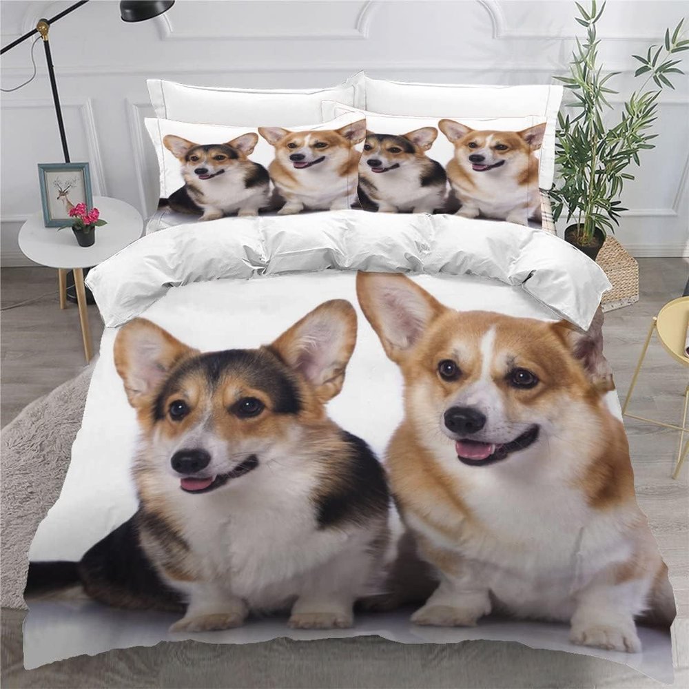 Sxakswol Duvet Cover Full Size Puppy Comforter Covers 3D Printed Corgi Duvet Cover Set Kids Teens Adults Bedding Set, Soft Microfiber Quilt Covers 80"x90" with Zipper Ties 3 Pcs a.8164