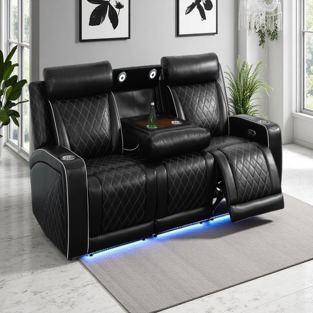 Dekmxas Breathing Leather Power Reclining Sofa with Cup Holders, Living Room Furniture with 2 Recliners, 3 Seater Leather Sofa Couch with Flip-Down Table/USB Port for Living Room/Office/Home Theater