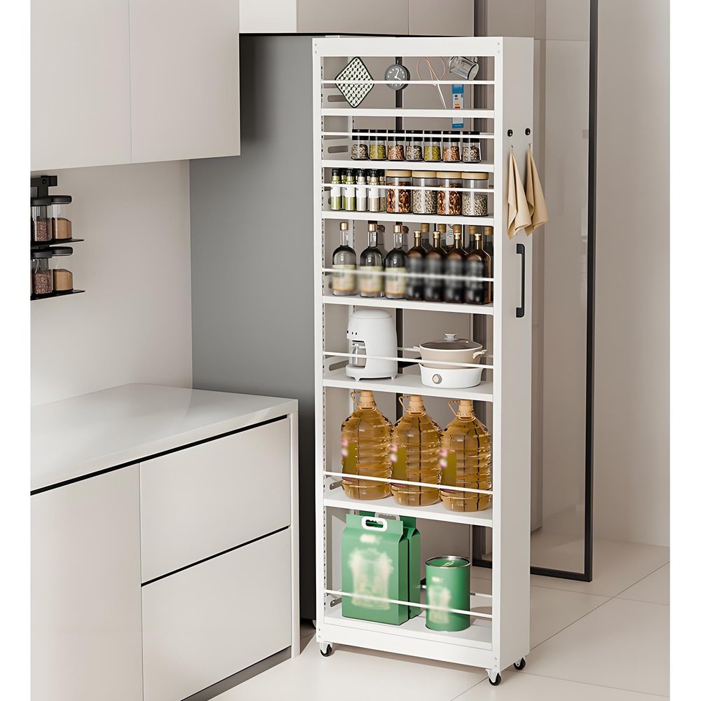 Kitchen Organization Slim Storage Cart, 5/7 Tier Rolling Storage Shelving Unit, Narrow Little Cart Rack for Laundry Room Pantry Bathroom Organizers and Storages Utility Shelf Cart(7.9"x21.6"x72.6")