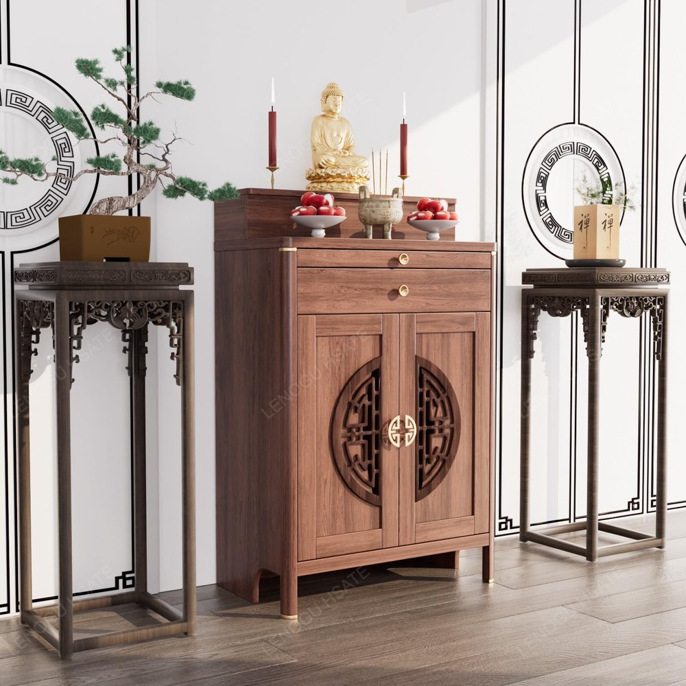 LENOGU HSATE Traditional Wooden Buddhist Altar Table with Storage, Natural Wood Brown Medium Cabinet, Chinese Offering Stand for Living Room, Home Decor (31in)