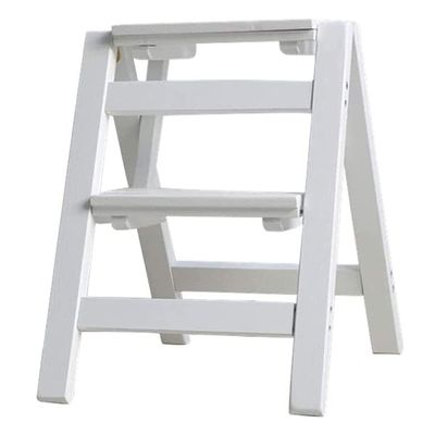 LumaGrove Solid Wood Folding Step Ladder Stool with Multi Layer Design Portable and Multi Functional Utility Chair Seat Non Slip Foot Cover Included(White,2 Steps)