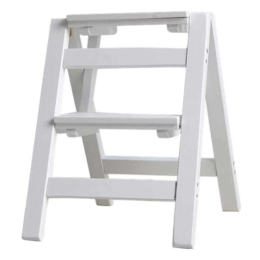 LumaGrove Solid Wood Folding Step Ladder Stool with Multi Layer Design Portable and Multi Functional Utility Chair Seat Non Slip Foot Cover Included(White,2 Steps)
