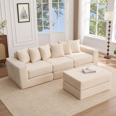 10-in-1 Convertible Modular Floor Sofa, L-Shaped Sectional Sleeper with 1 Ottoman and 6 Pillows, Corduroy Fabric, Beige for Living Room, No Assembly Needed