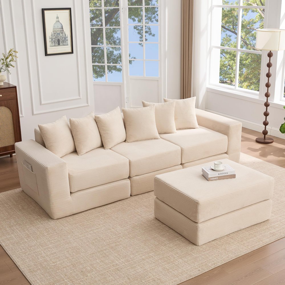 10-in-1 Convertible Modular Floor Sofa, L-Shaped Sectional Sleeper with 1 Ottoman and 6 Pillows, Corduroy Fabric, Beige for Living Room, No Assembly Needed