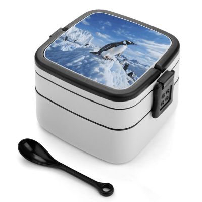 Snow Mountain Penguin Double Layer Bento Box Modern Minimalist Design Stackable Lunch Box Leak-Proof Rectangle Lunchable Food Container for Family Or Meal Prep Work On The Go