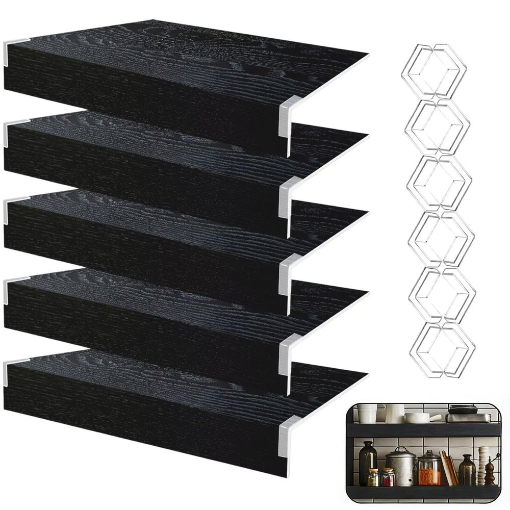 5 Pcs Wire Shelf Cover 2212 in, 3 in High Faux Wood Shelf Covers for Wire Shelving, PVC Waterproof Moisture Wires Shelving Cover, 0.3 in Thick Wire Rack Covers for Pantry, Closet, Kitchen, Black