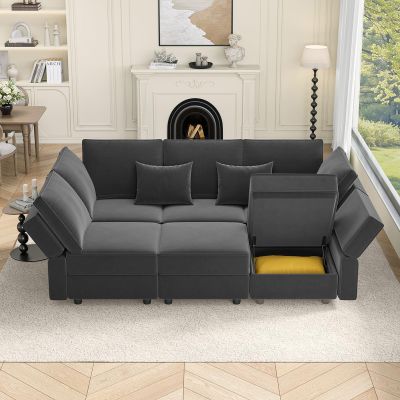 Vesgantti Sectional Sleeper Sofas with Storage, 92" Sofa Bed with 6 Seats Storage Chaises Removeble Cover, Deep Seat Modular Couches Velvet Couch Set for Living Room, Apartment, Home Theatre, Grey