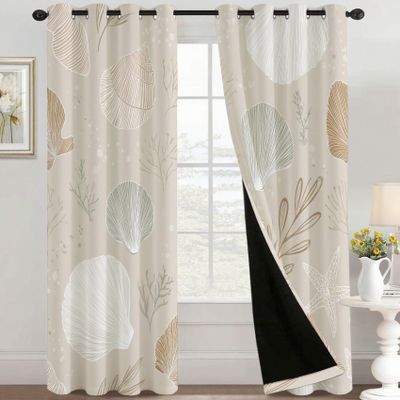 Seashell Bedroom Curtains 63 Inch - Beige Nautical Coastal Beach Printed Living Room Curtains, Seashell Home Decor Blackout Window Drapes with Grommet, 2 Panels Set - HL11333